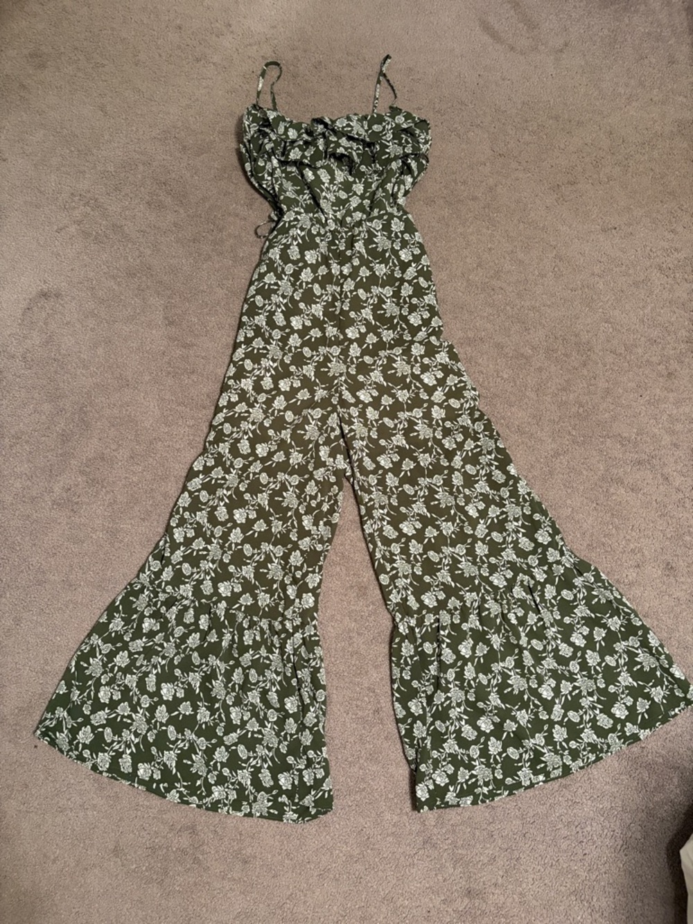 Fashion Nova Olive Green Floral Ruffle-Hem Jumpsuit